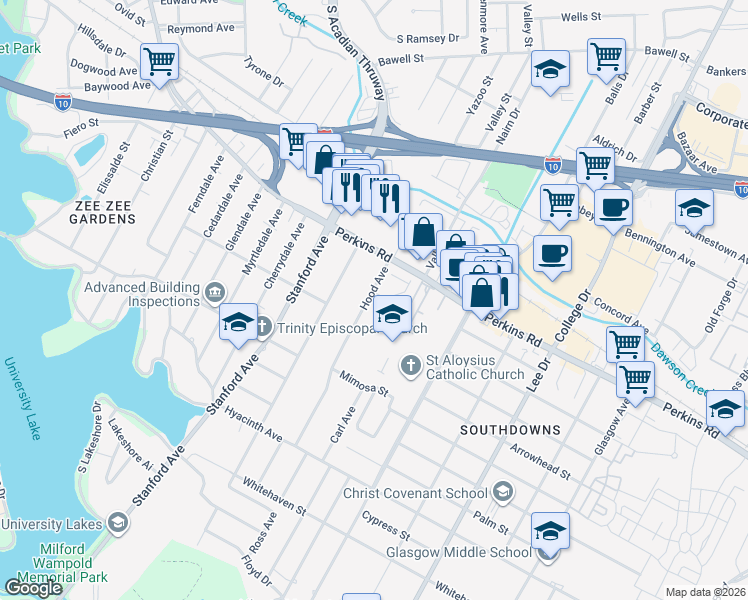 map of restaurants, bars, coffee shops, grocery stores, and more near 2121 Sassy Lane in Baton Rouge
