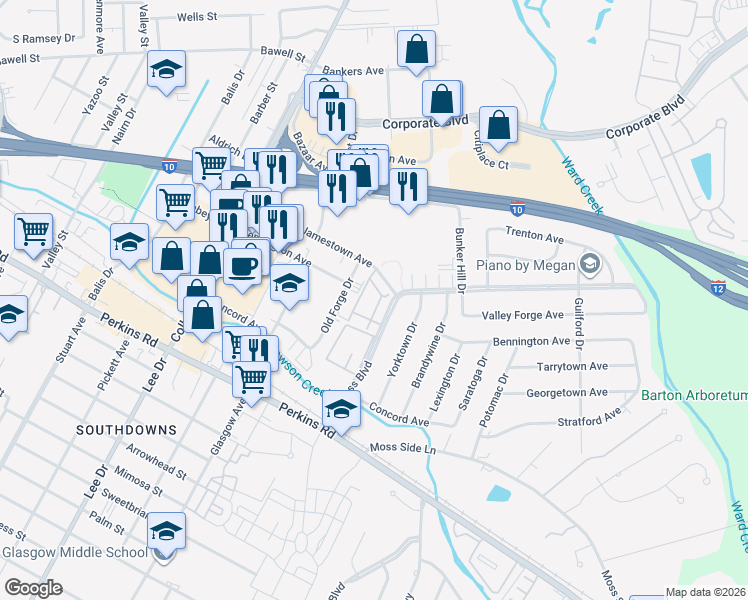 map of restaurants, bars, coffee shops, grocery stores, and more near 4990 Jamestown Avenue in Baton Rouge