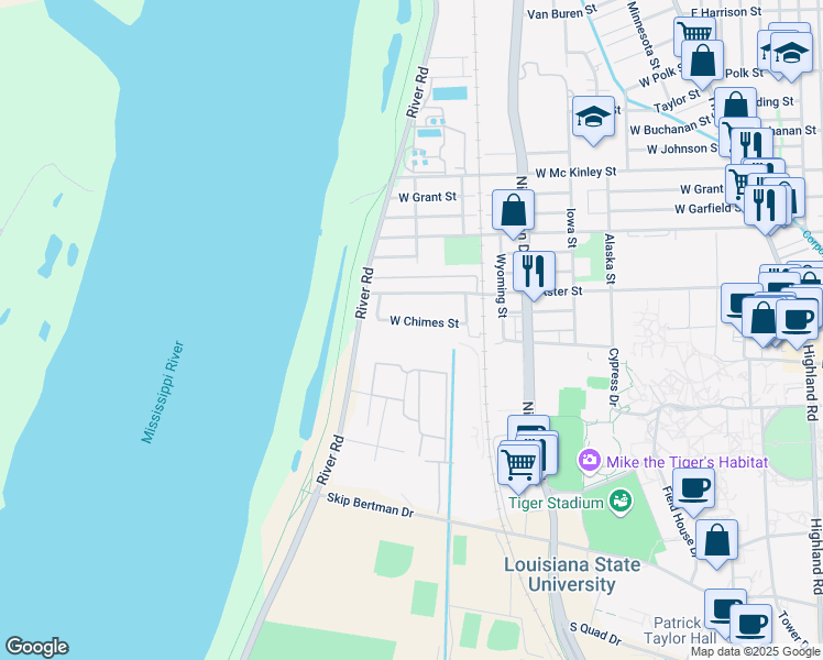 map of restaurants, bars, coffee shops, grocery stores, and more near 1435 West Chimes Street in Baton Rouge