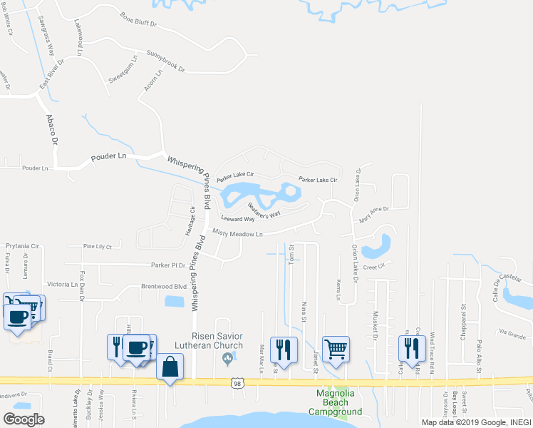 map of restaurants, bars, coffee shops, grocery stores, and more near 9704 Seafarer's Way in Navarre