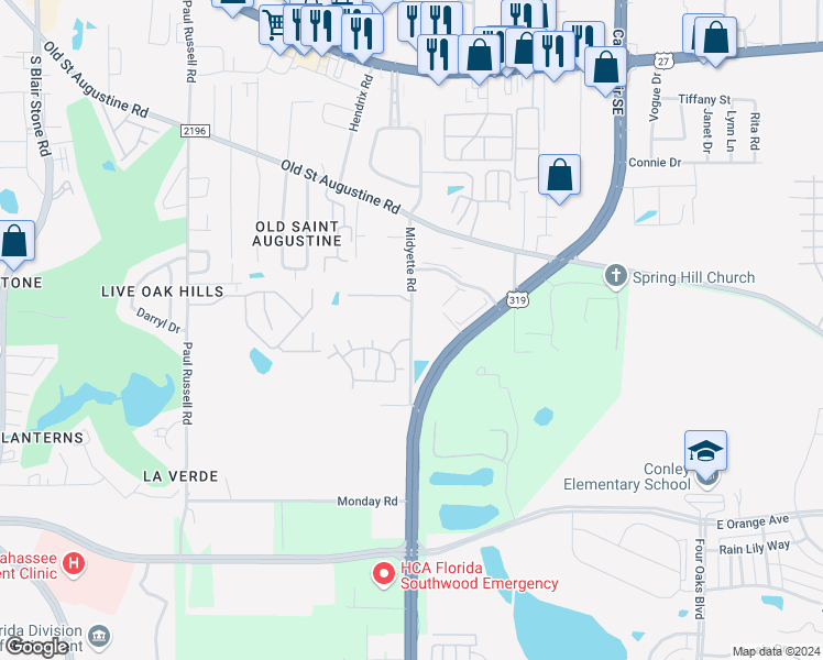 map of restaurants, bars, coffee shops, grocery stores, and more near 2199 Midyette Road in Tallahassee