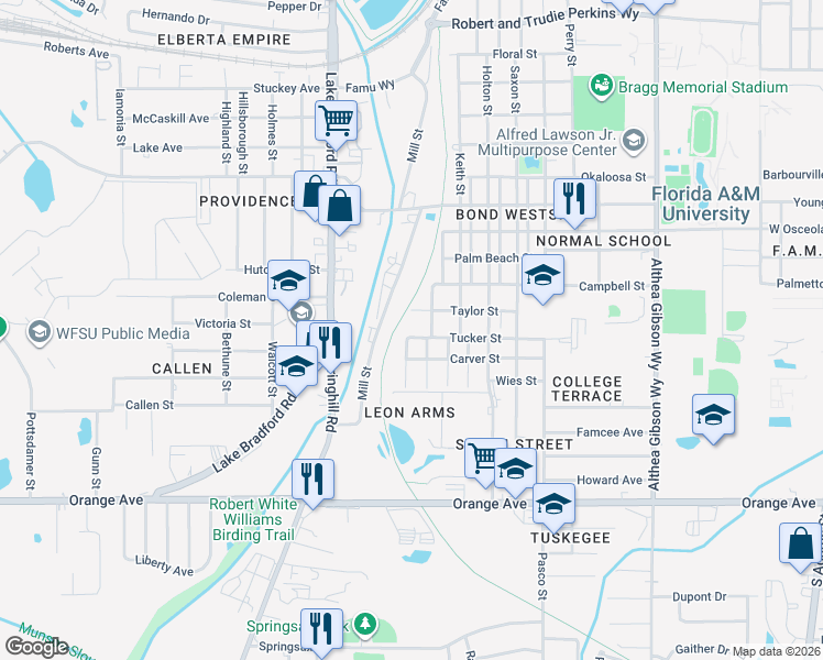 map of restaurants, bars, coffee shops, grocery stores, and more near 1010 Tucker Street in Tallahassee