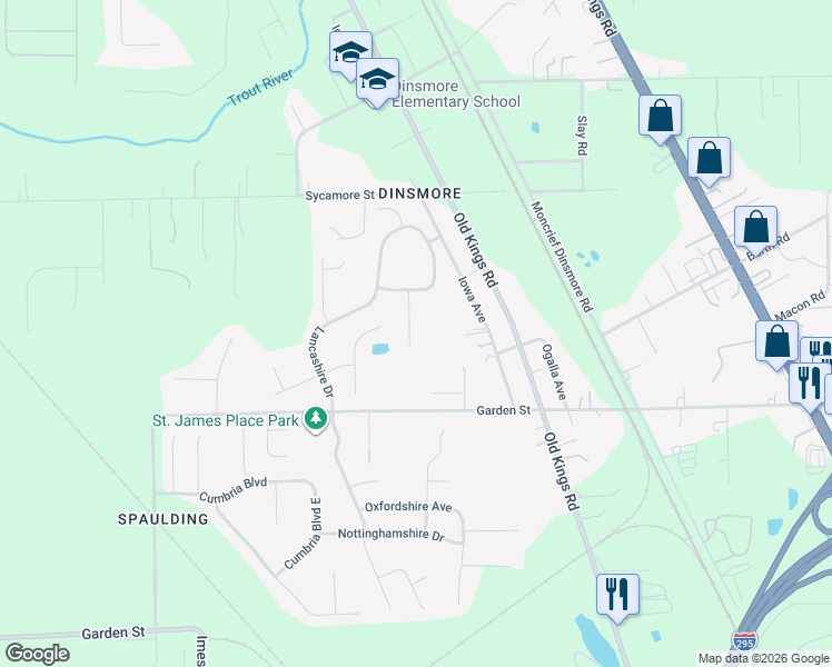 map of restaurants, bars, coffee shops, grocery stores, and more near 10053 Garden Lake Court in Jacksonville