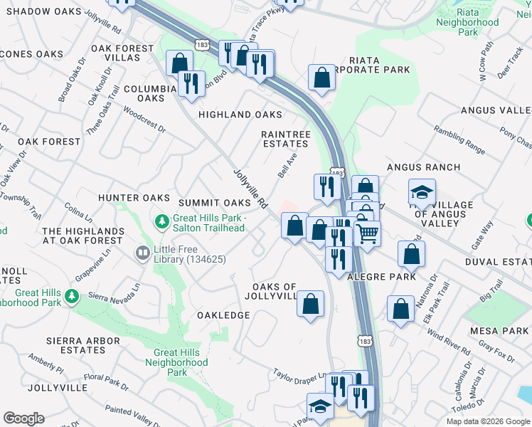 map of restaurants, bars, coffee shops, grocery stores, and more near 11628 Ladera Vista Drive in Austin