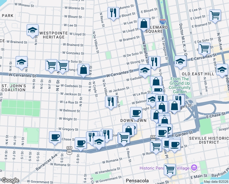 map of restaurants, bars, coffee shops, grocery stores, and more near 523 North Reus Street in Pensacola