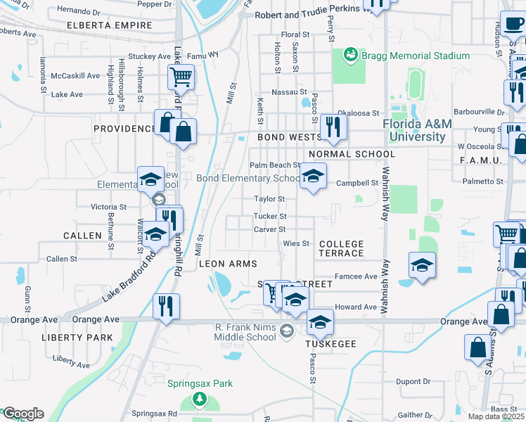 map of restaurants, bars, coffee shops, grocery stores, and more near 2229 Keith Street in Tallahassee