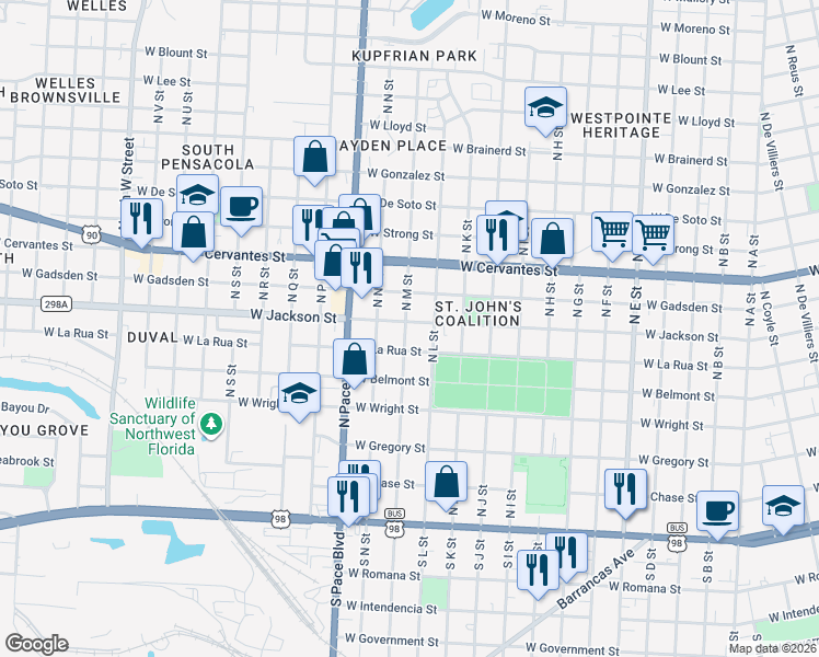 map of restaurants, bars, coffee shops, grocery stores, and more near 1817 West Jackson Street in Pensacola