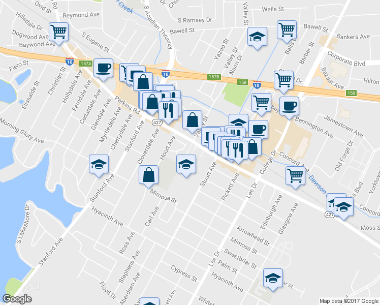 map of restaurants, bars, coffee shops, grocery stores, and more near 2287 Perkins Lane in Baton Rouge