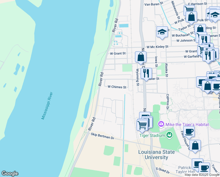 map of restaurants, bars, coffee shops, grocery stores, and more near 1435 West Chimes Street in Baton Rouge