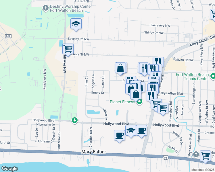 map of restaurants, bars, coffee shops, grocery stores, and more near 630 Brian Circle in Mary Esther