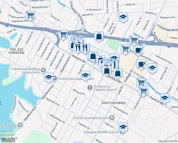 map of restaurants, bars, coffee shops, grocery stores, and more near 2287 Perkins Lane in Baton Rouge
