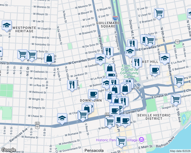 map of restaurants, bars, coffee shops, grocery stores, and more near 110 West La Rua Street in Pensacola