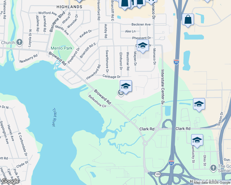 map of restaurants, bars, coffee shops, grocery stores, and more near 1429 Broward Road in Jacksonville