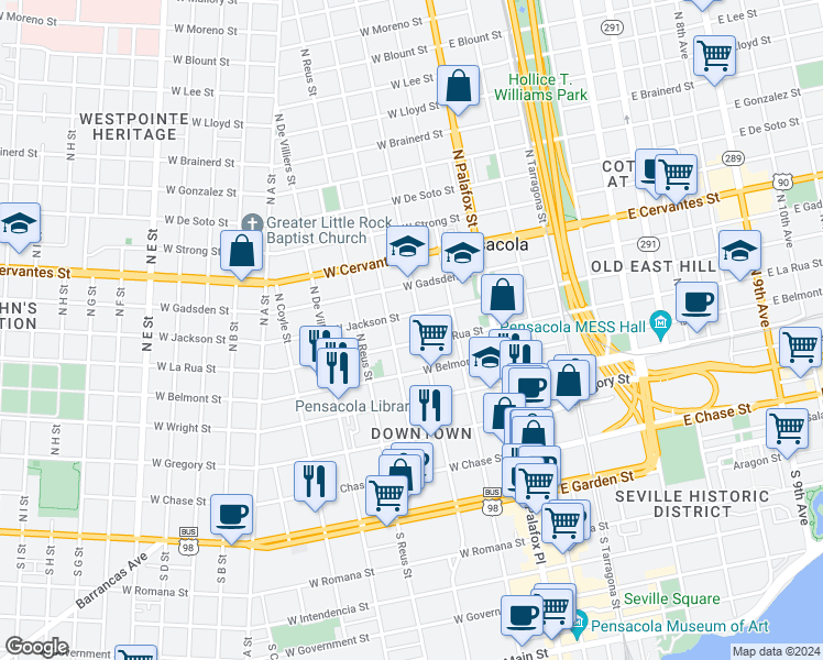map of restaurants, bars, coffee shops, grocery stores, and more near 221 West Jackson Street in Pensacola