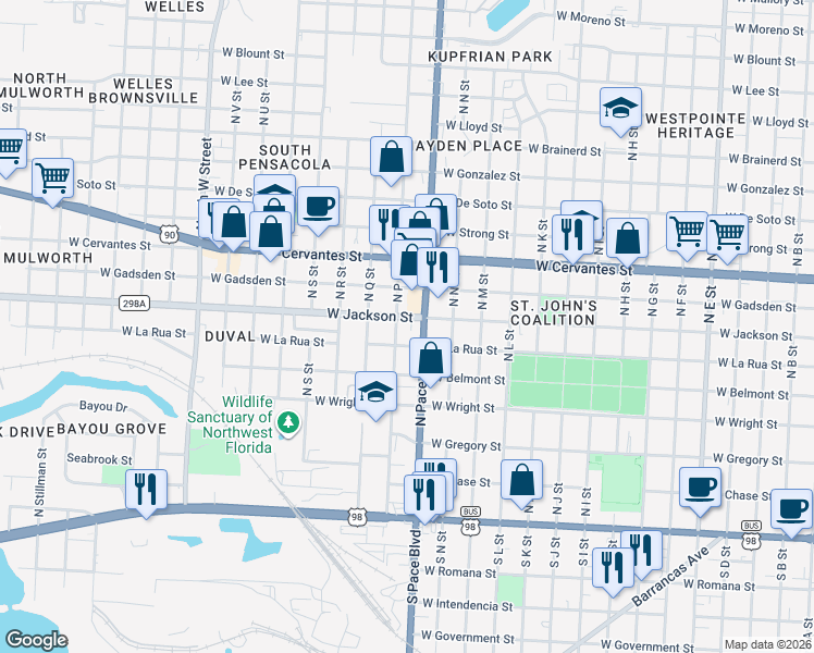 map of restaurants, bars, coffee shops, grocery stores, and more near 2100 West Jackson Street in Pensacola