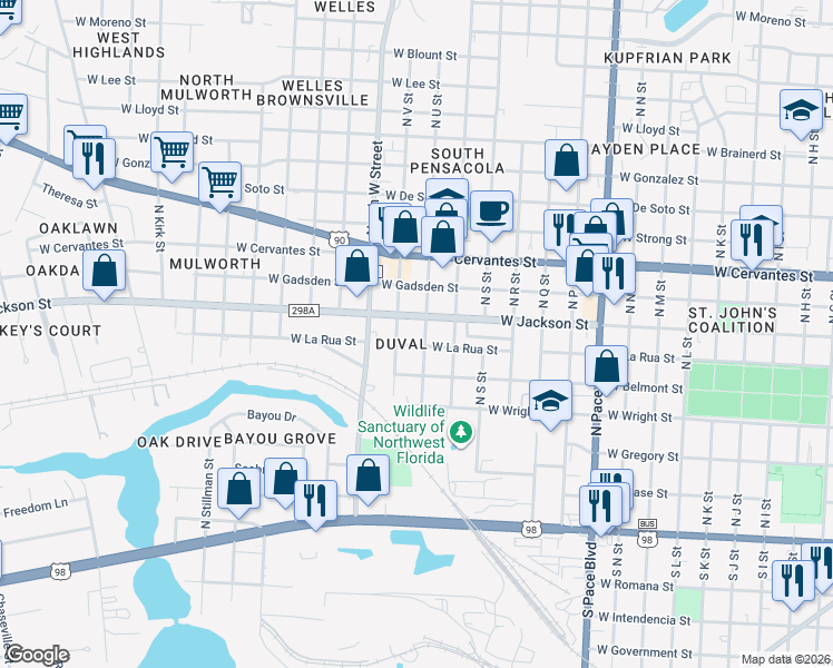 map of restaurants, bars, coffee shops, grocery stores, and more near 520 North V Street in Pensacola