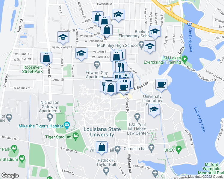 map of restaurants, bars, coffee shops, grocery stores, and more near 250 West State Street in Baton Rouge