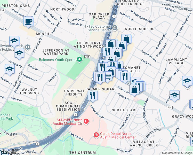 map of restaurants, bars, coffee shops, grocery stores, and more near 12421 North Mopac Expressway in Austin