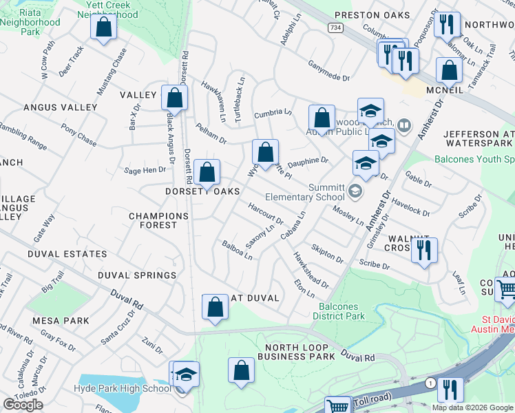 map of restaurants, bars, coffee shops, grocery stores, and more near 4210 Harcourt Drive in Austin