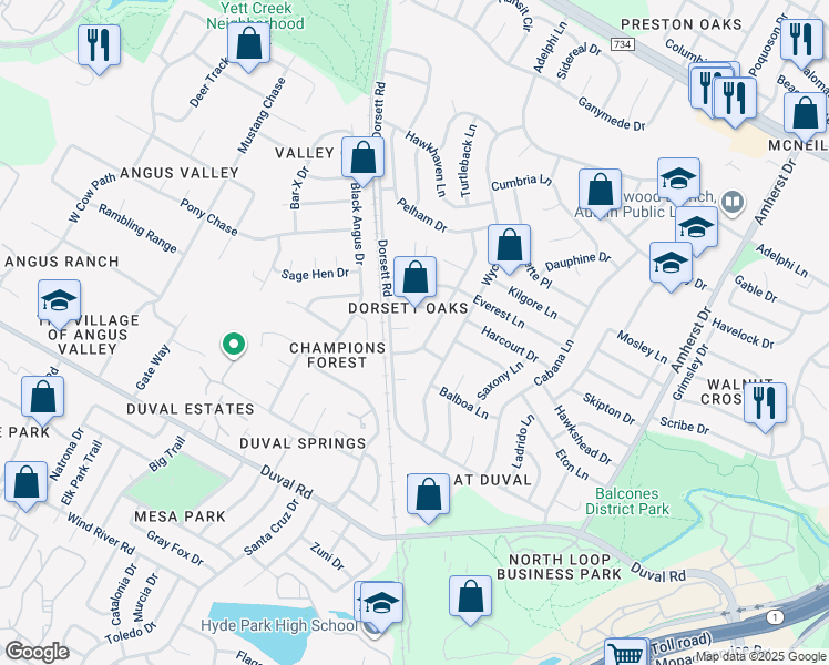 map of restaurants, bars, coffee shops, grocery stores, and more near 12104 Arrowwood Drive in Austin