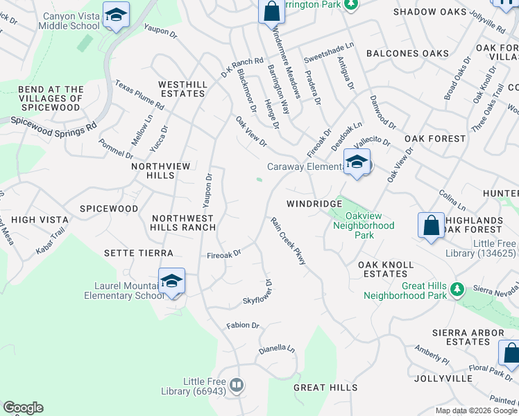 map of restaurants, bars, coffee shops, grocery stores, and more near 7522 Fireoak Drive in Austin