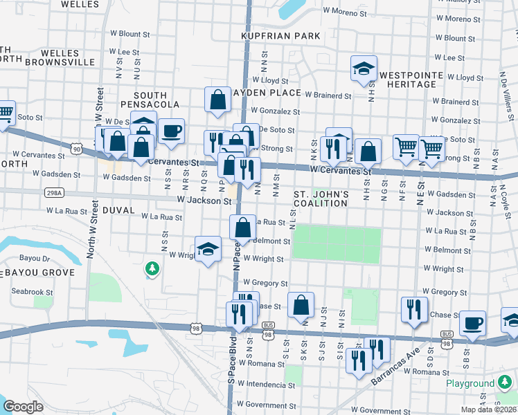 map of restaurants, bars, coffee shops, grocery stores, and more near 1917 West Jackson Street in Pensacola