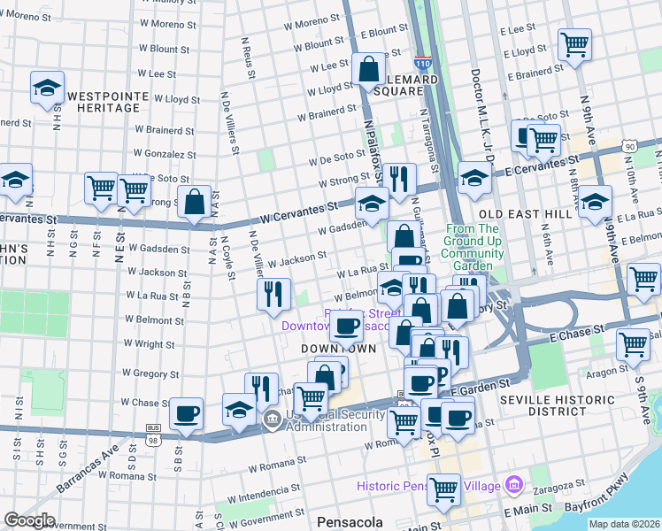 map of restaurants, bars, coffee shops, grocery stores, and more near 221 West Jackson Street in Pensacola