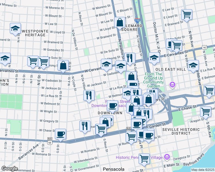 map of restaurants, bars, coffee shops, grocery stores, and more near 207 West Jackson Street in Pensacola