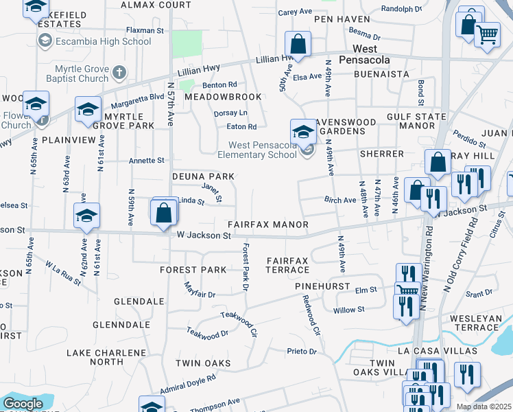 map of restaurants, bars, coffee shops, grocery stores, and more near 610 Edgecliff Drive in Pensacola