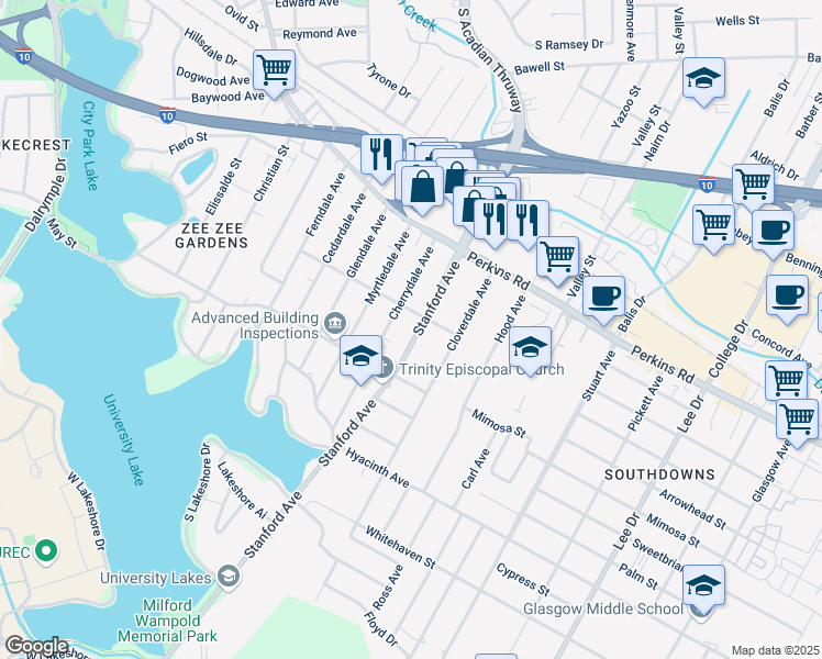 map of restaurants, bars, coffee shops, grocery stores, and more near 2037 Stanford Avenue in Baton Rouge