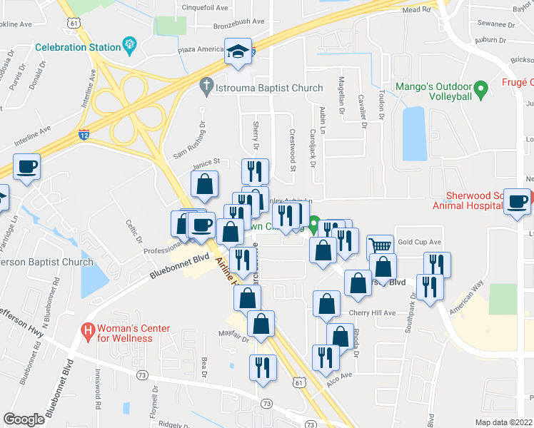 map of restaurants, bars, coffee shops, grocery stores, and more near 3651 Cedarcrest Avenue in Baton Rouge