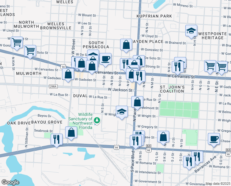 map of restaurants, bars, coffee shops, grocery stores, and more near 2315 West Jackson Street in Pensacola