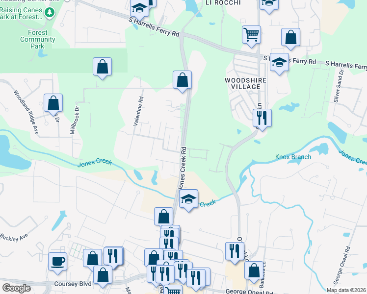 map of restaurants, bars, coffee shops, grocery stores, and more near 3777 Jones Creek Road in Baton Rouge