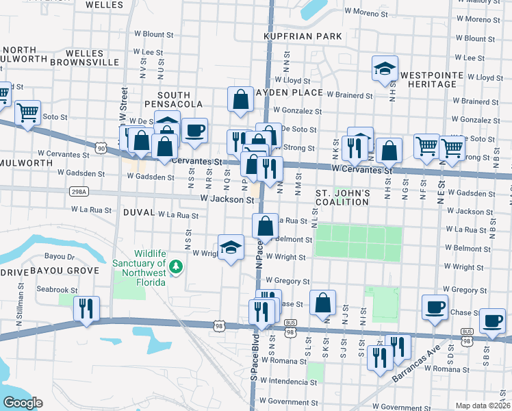 map of restaurants, bars, coffee shops, grocery stores, and more near 2100 West Jackson Street in Pensacola