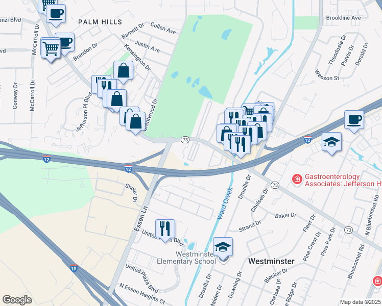 map of restaurants, bars, coffee shops, grocery stores, and more near 3321 Old Quarter Drive in Baton Rouge