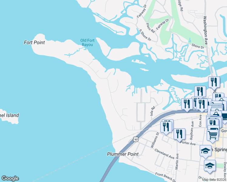 map of restaurants, bars, coffee shops, grocery stores, and more near 306 Lovers Lane in Ocean Springs