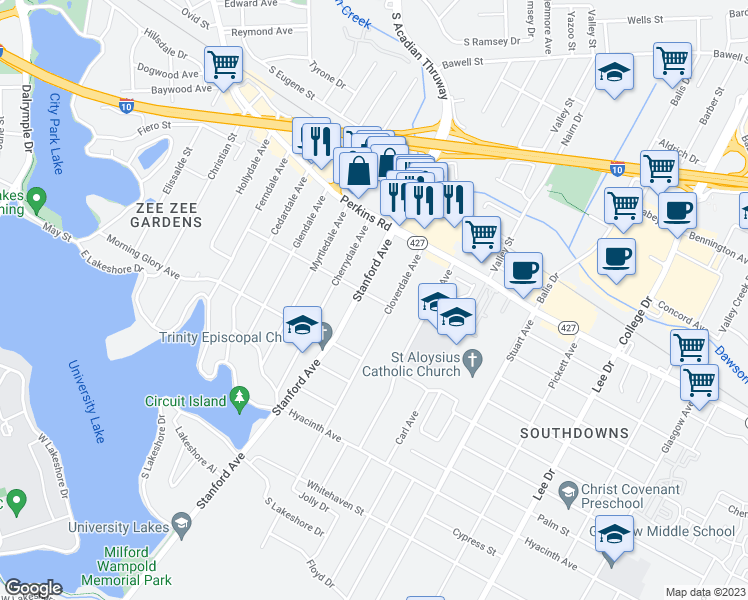 map of restaurants, bars, coffee shops, grocery stores, and more near 3640 Marigold Avenue in Baton Rouge