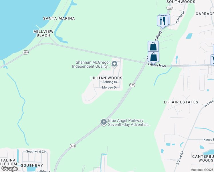 map of restaurants, bars, coffee shops, grocery stores, and more near 9130 Moroso Drive in Pensacola