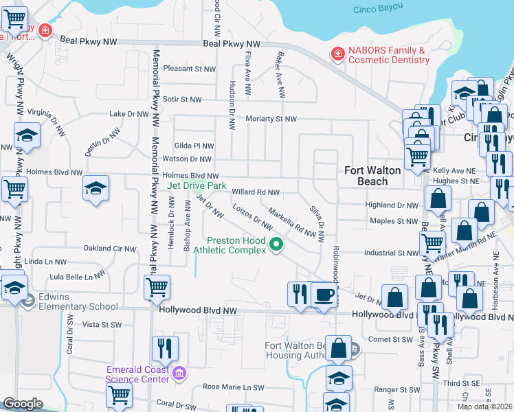 map of restaurants, bars, coffee shops, grocery stores, and more near 131 Markella Road Northwest in Fort Walton Beach