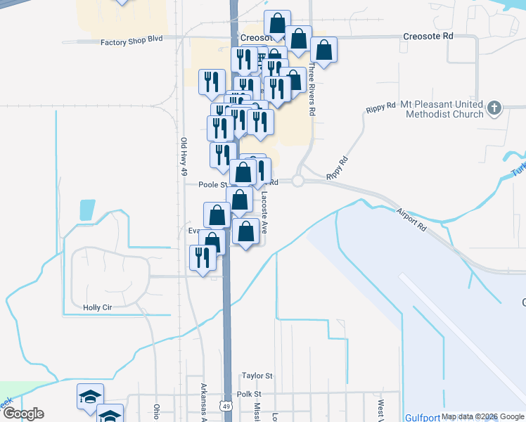 map of restaurants, bars, coffee shops, grocery stores, and more near 15100 Fisher Boulevard in Gulfport