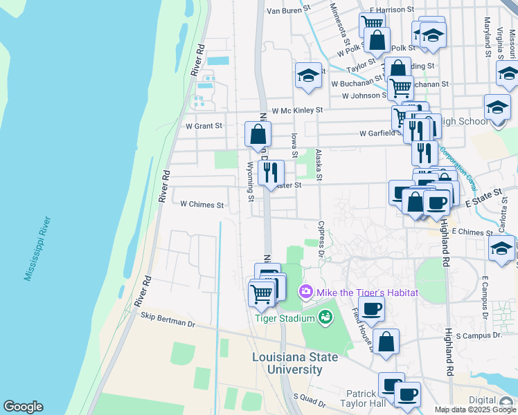 map of restaurants, bars, coffee shops, grocery stores, and more near 3390 Nicholson Drive in Baton Rouge