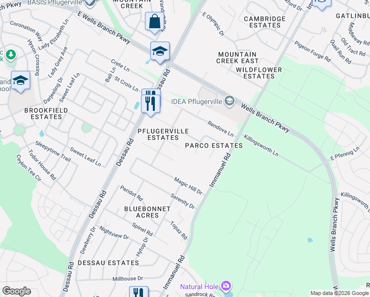 map of restaurants, bars, coffee shops, grocery stores, and more near 14802 Chicadee Circle in Pflugerville