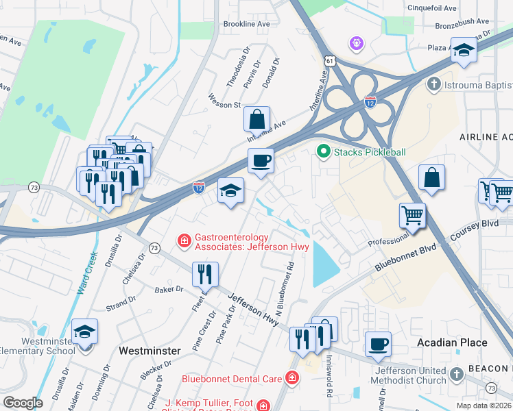 map of restaurants, bars, coffee shops, grocery stores, and more near 9119 Compton Ct in Baton Rouge