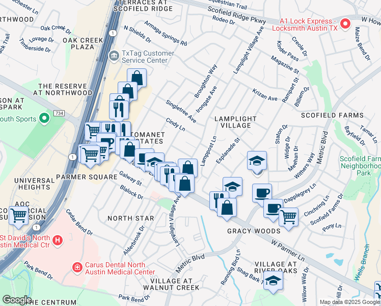 map of restaurants, bars, coffee shops, grocery stores, and more near 2100 Red Stone Lane in Austin