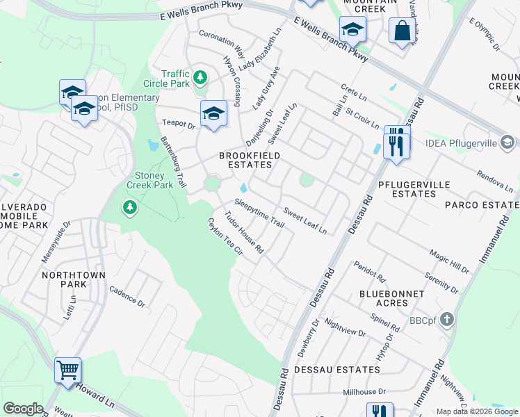 map of restaurants, bars, coffee shops, grocery stores, and more near 1400 Sleepytime Trail in Pflugerville