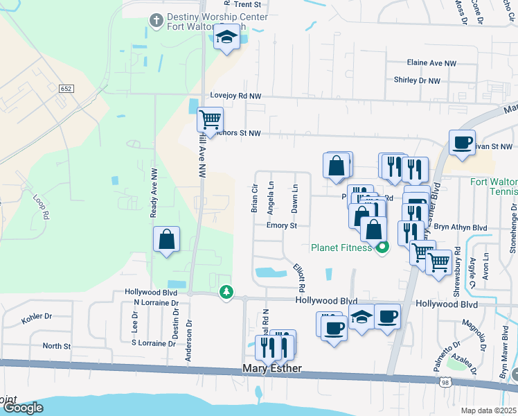 map of restaurants, bars, coffee shops, grocery stores, and more near 310 Brian Circle in Mary Esther