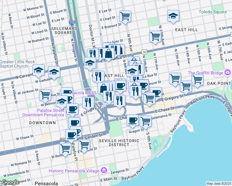 map of restaurants, bars, coffee shops, grocery stores, and more near 309 North 6th Avenue in Pensacola