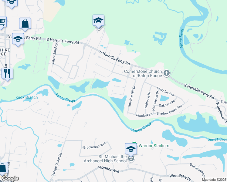 map of restaurants, bars, coffee shops, grocery stores, and more near 17753 Shady Creek Avenue in Baton Rouge