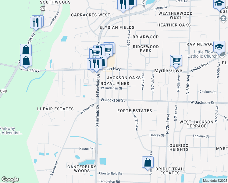 map of restaurants, bars, coffee shops, grocery stores, and more near 608 North 79th Avenue in Pensacola