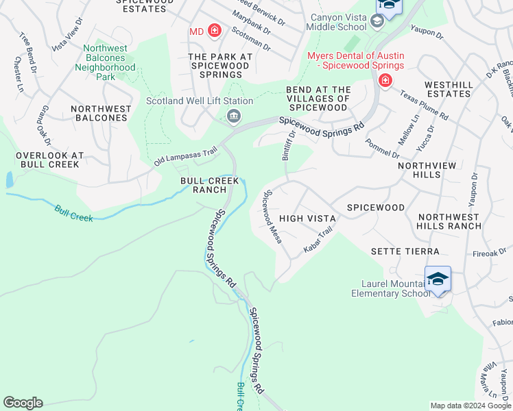 map of restaurants, bars, coffee shops, grocery stores, and more near 8602 Del Mesa Lane in Austin